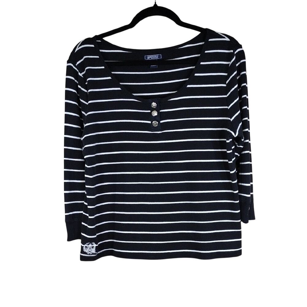 American Living Black & White Striped Henley Long Sleeve Tee